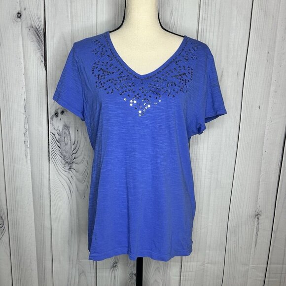 Weekends By Chico's Short Sleeve Blue Sequined Cotton Top Sz 2 (L - 12) V-Neck - Picture 1 of 8